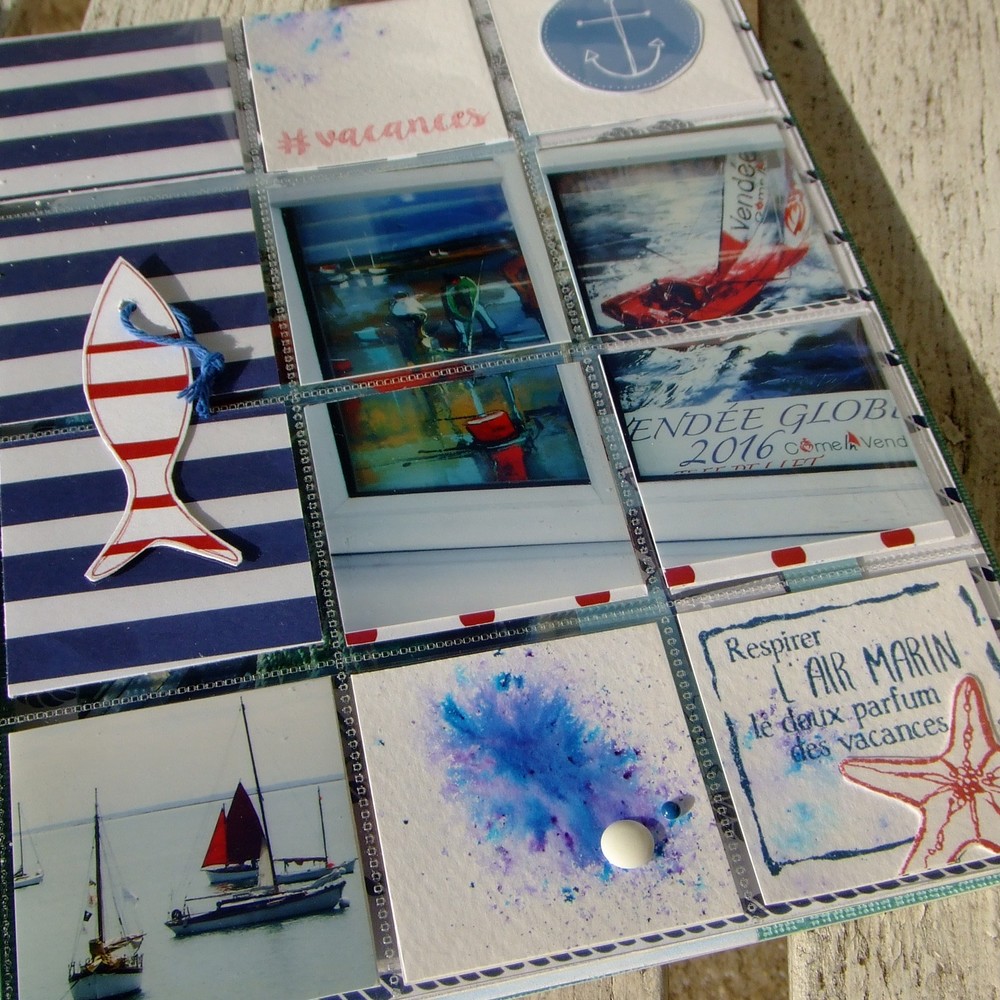 Tutoriel mini-album Bord de Mer couleurs-en-folie kits mini-albums scrap scrapbooking atelier lille marcq-en-baroeul aquarelle pochettes-en-plastique photos-de-vacances mer plage