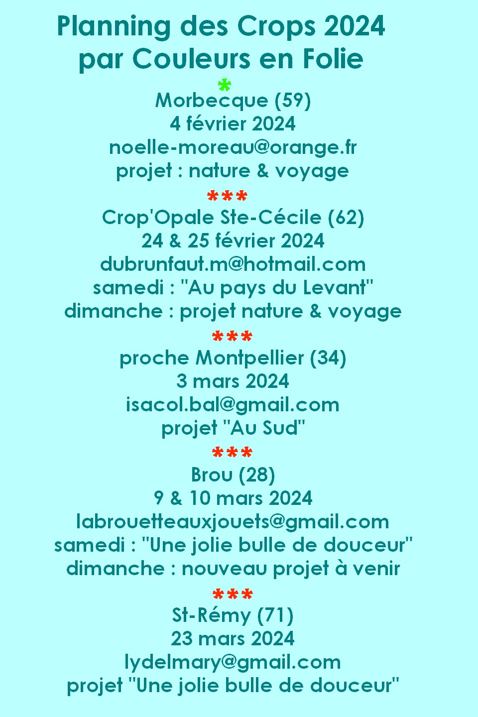 Planning des crops 2024 Couleurs-en-folie Isabelle-Lafolie ateliers scrapbooking scrap mini-albums scrapaddict tampons encres stamps diy